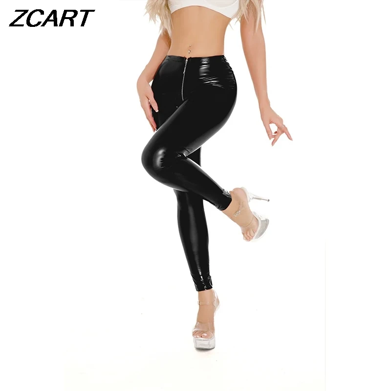 Sexy Women Shiny Faux Leather Pants Wetlook Latex PU Zipper Open Crotch Pants Female Red Black Long Trousers Clubwear