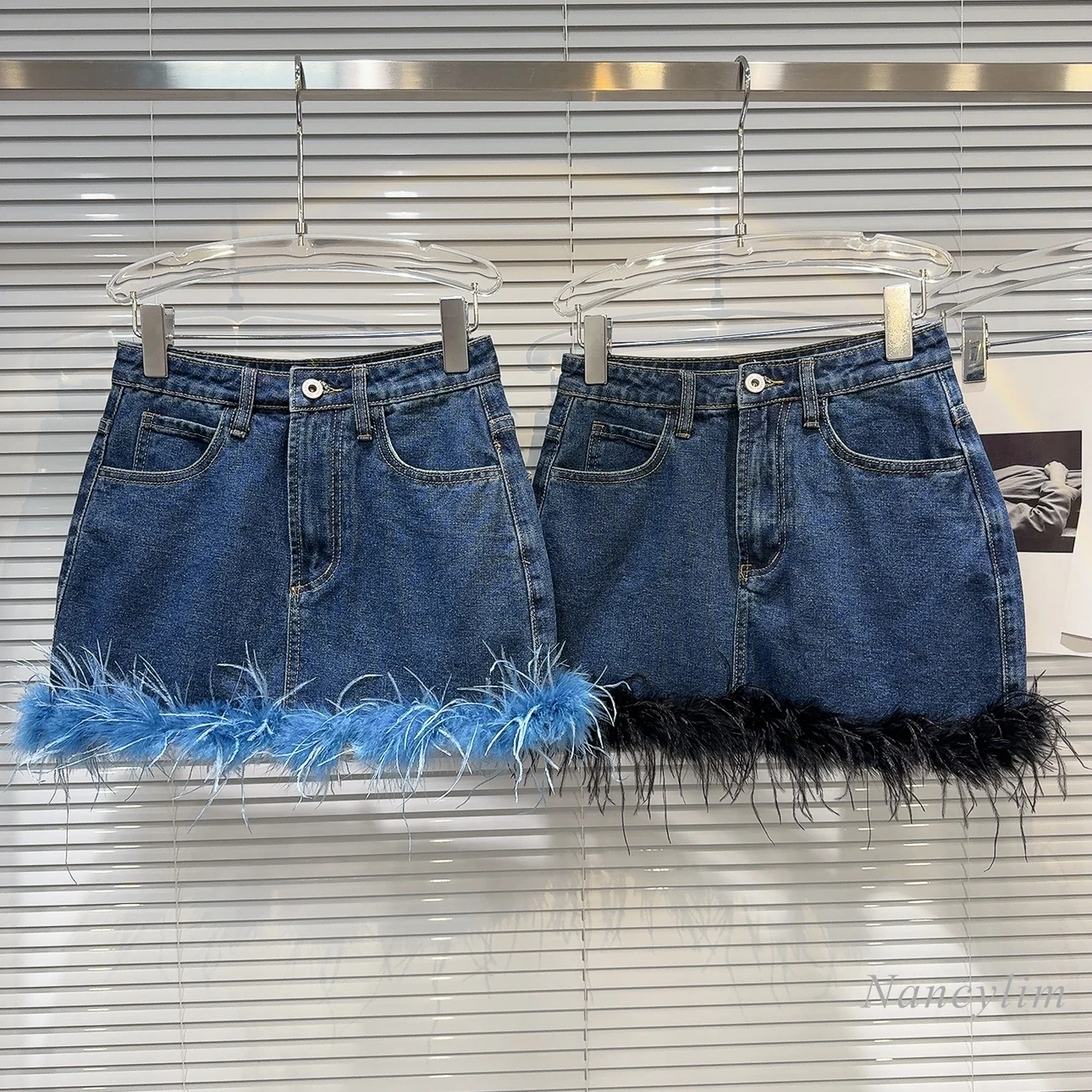 

2024 Spring New Feather Furry Hem Stitching Denim Skirt for Women Sweet Cool Hot Girl Hip Skirts Fashion Streetwear Falda Mujer