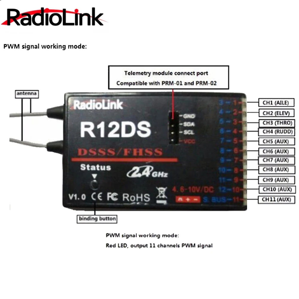 RadioLink R12DS 2.4GHz 12CH DSSS & FHSS Receiver for RadioLink AT9 AT9S AT10 AT10II Transmitter Support For SBUS PWM