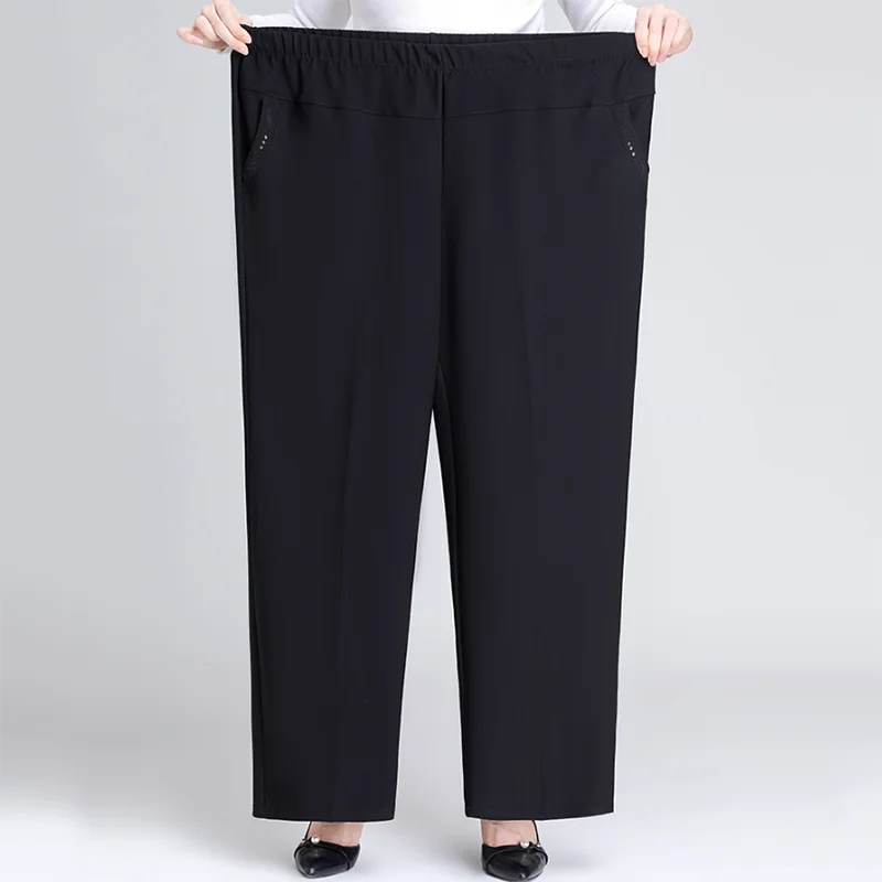 

2023 New Spring Autumn Long Pants Women XL -8XL Mother Leisure Pants Fashion Elegant Loose Diamond Elastic Waist Wide Leg Pants