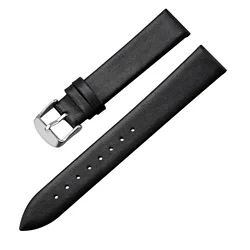 Elegant Calf Leather Watch Strap with Silver Buckle - Genuine Leather Band - 16mm.-0.62in (Black)