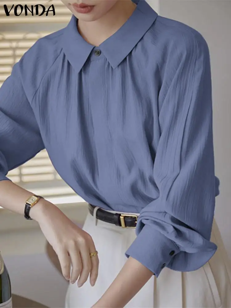 

VONDA 2023 Elegant Women Shirts Fashion Autumn Long Sleeve Lapel Casual Blouse Solid Color Office Streetwear Tunic Tops Blusas