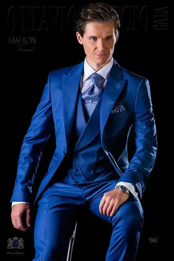 

Italian Royal Blue Wedding Suits For Men Double Breasted Jacket Slim Fit 3 Piece Blazer Sets Custom Tuxedo Prom Terno Masculino