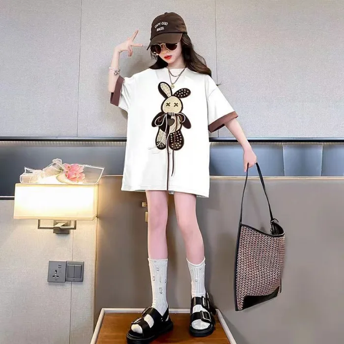 

2023 Summer Girl Long T-shirt Kids loose Tee Dresses bunny Children short Sleeve medium teen Vestidos Dress 5 6 7 8 9 12 year
