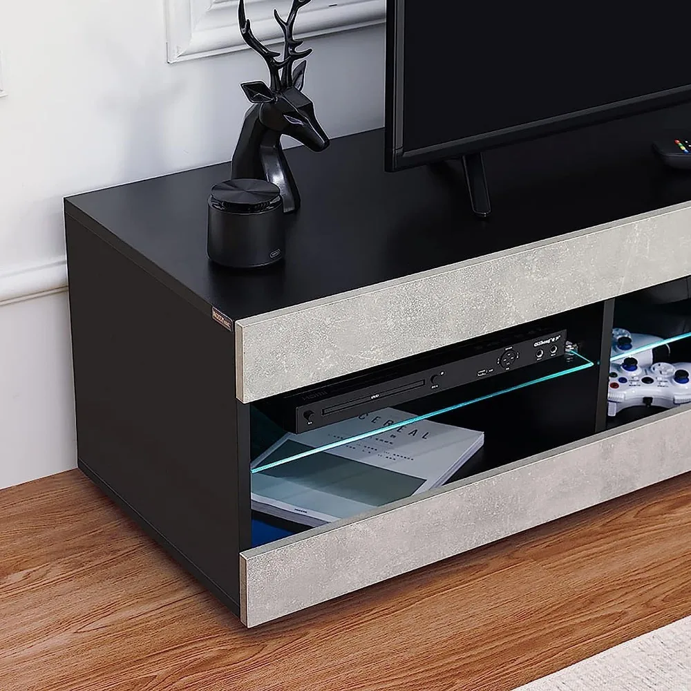 LED TV stand, gray black TV stand with LED lights, TV media console with glass frame 3