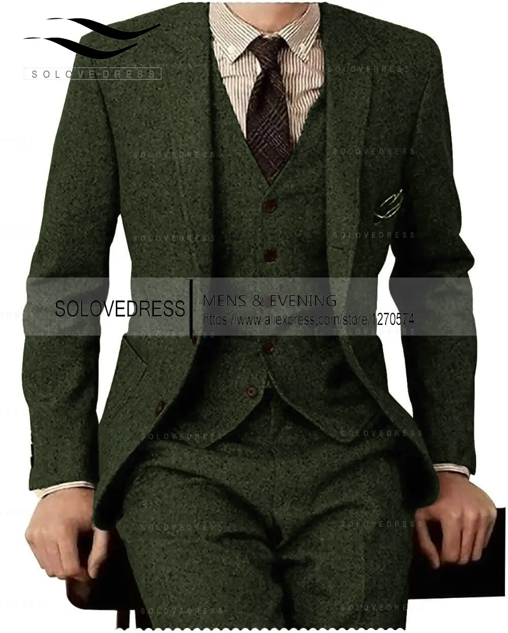 Brown Tweed Men Suits 3 Pieces Formal Business Suit Set Custom Gentle-Mens Groom Wedding Dress Blazer Suits(Jacket+Pants+Vest) 2