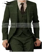 Brown Tweed Men Suits 3 Pieces Formal Business Suit Set Custom Gentle-Mens Groom Wedding Dress Blazer Suits(Jacket+Pants+Vest) 2