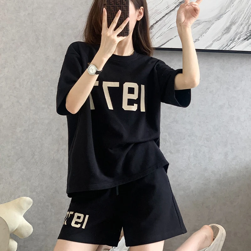 Summer Sports Chic New Loose Casual Short Sets Women Young Style Minimalist Letter Short Sleeve Round Collar Drawstring Clothes