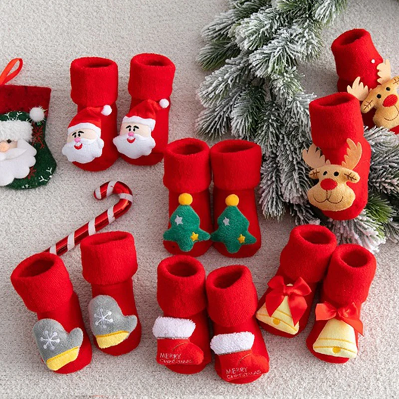 Chaussettes de noël pour bébés, chaussettes courtes pour nouveau-nés, chaussettes pour enfants, filles et garçons, vêtements antidérapants en coton imprimé pour tout-petits