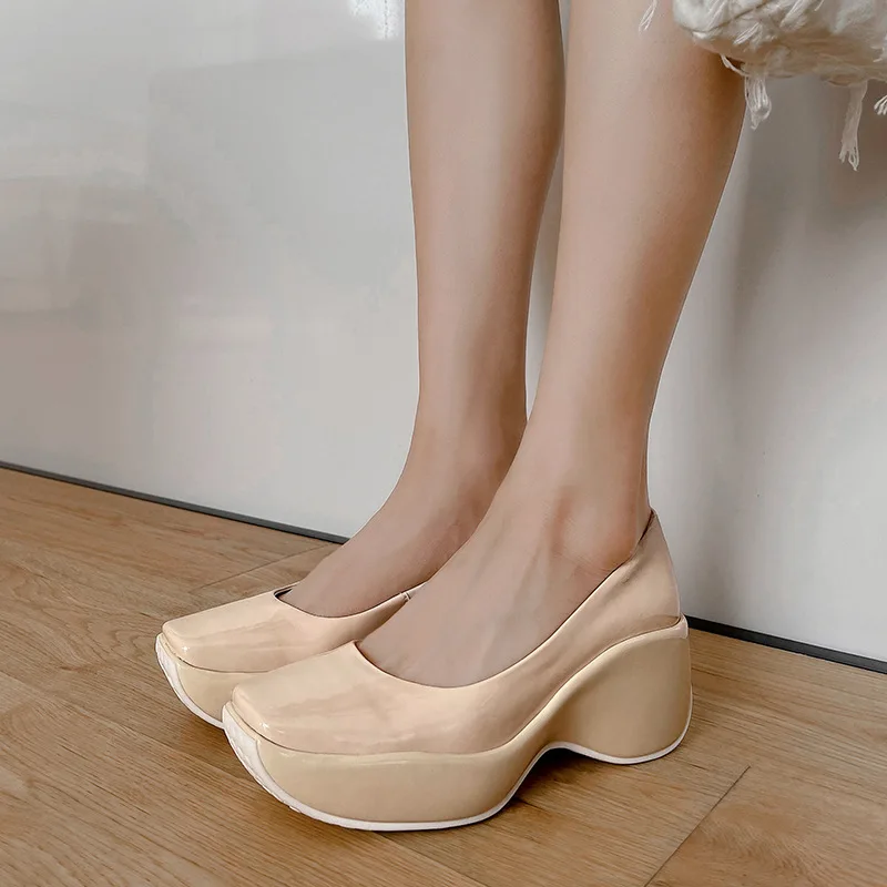 

2023 Fashion Women's Shoes Summer Autumn Genuine Leather Sexy New Red White Square Toe Wedges Pumps White Casual Shoes