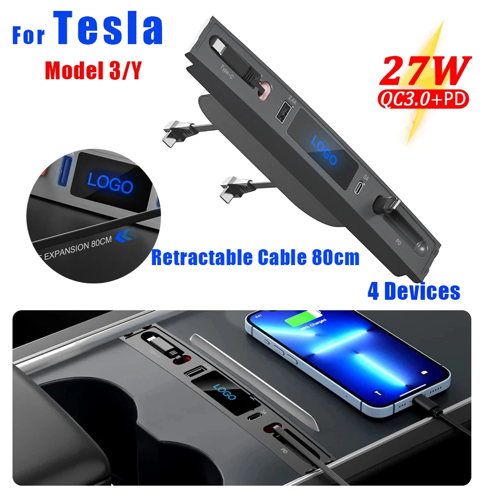 Tesla Model Y & 3 USB Hub w/ LED Light And Micro SD Slot For