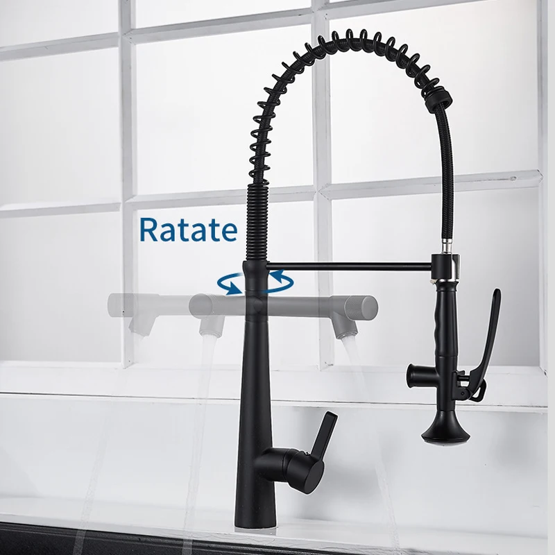 Matte Black Spring Kitchen Faucets Pull Down Spray Kitchen Faucet Single Handle Hot Cold Water Mixer Tap 360 Rotation Crane Tap corner kitchen sink