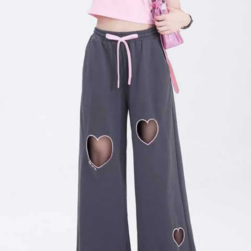 Sweet Cute Youth Vintage Love Hollow Out Casual Pants Women's Solid Summer High Waist Drawstring Pockets Loose Straight Trousers