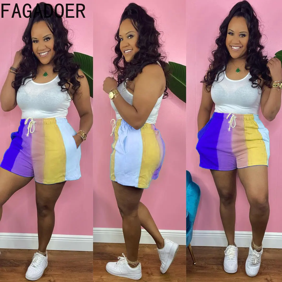 

FAGADOER Summer Fashion Rainbow Stripe Print Shorts Women High Waist Drawstring Pants Casual Female With Pocket Clothes Bottoms