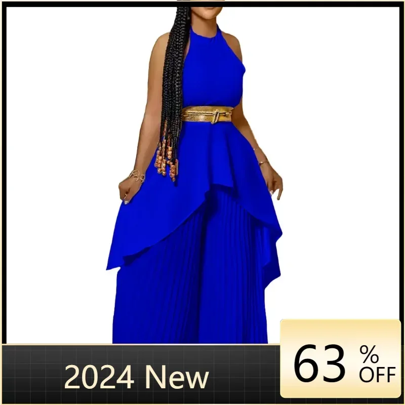 

Женский комплект из 2 предметов, плиссированная юбка макси и брюки с воротником-халтер, коктейльное асимметричное платье, топы 2024, сексуальная юбка
