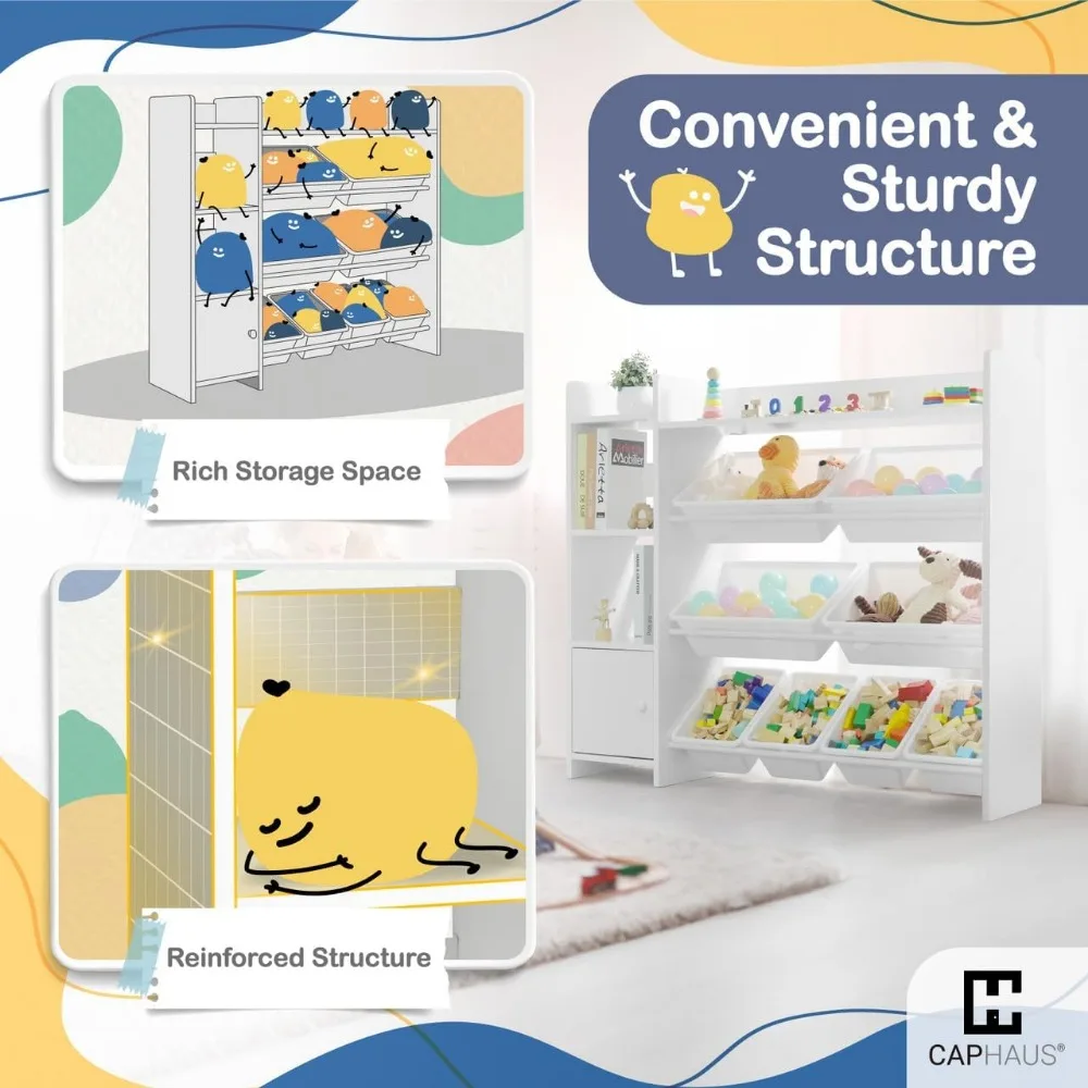 Toy Organizer with 8 White Plastic Bins,Storage Cabinet for Messy Items,Perfect Toy Storage Solution,for Toddler Room Organizers 4