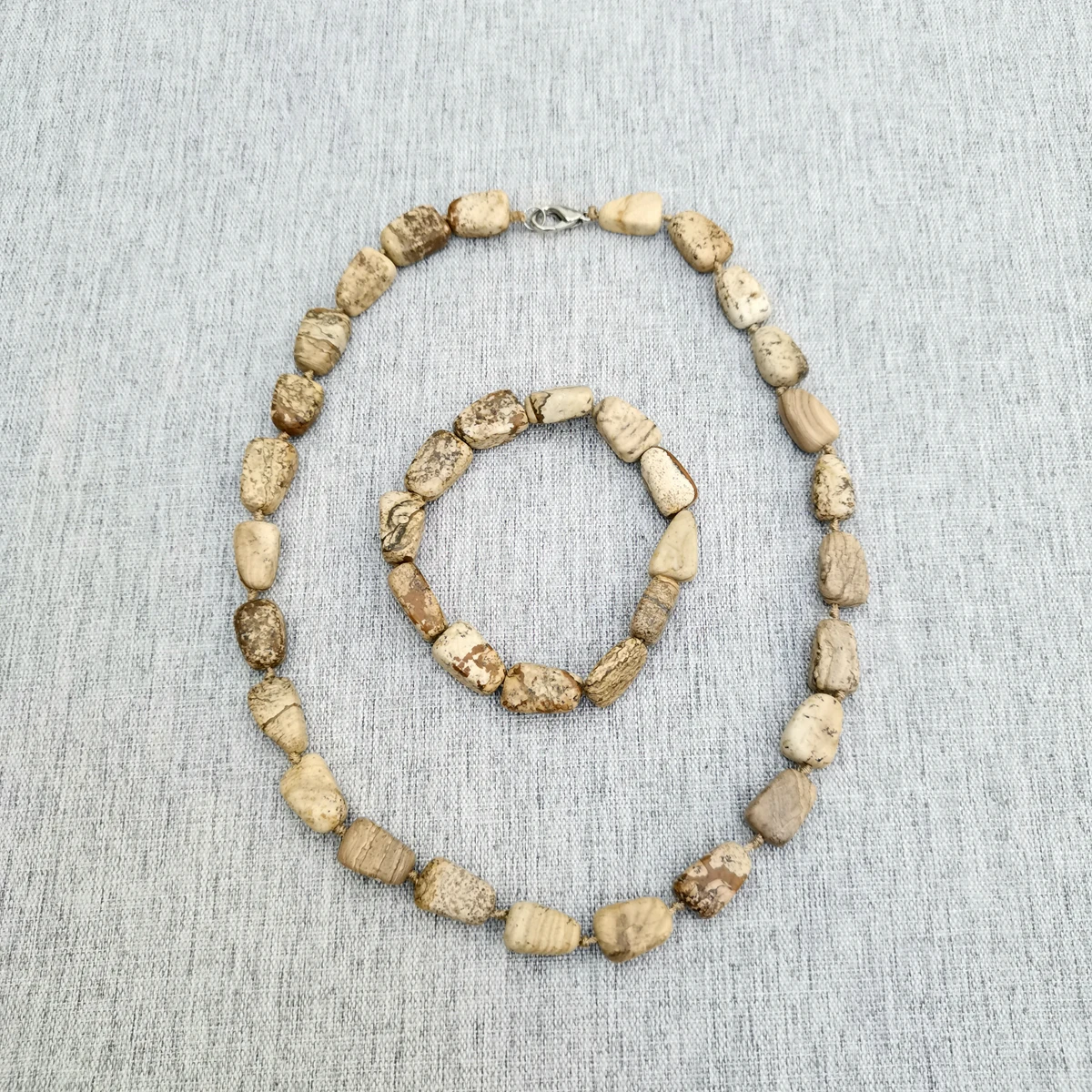 

Lii Ji Real Stone Beige Color Picture Jasper Necklace 50cm Stock Sale Necklace Bracelet Set Women Jewelry