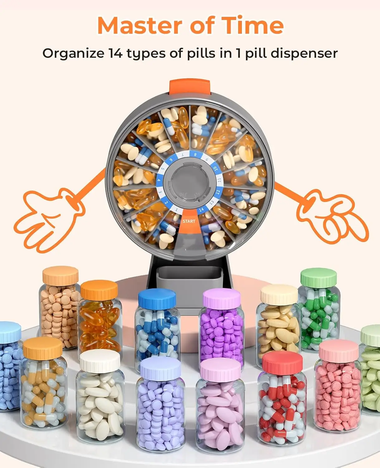 2-Week Wall-Mountable Large Push Button Pill Dispenser Box for Vitamins and Supplements, Gray