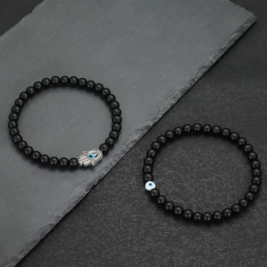 Men Beaded Bracelet Set with Evil Eyes and Fatima Hand