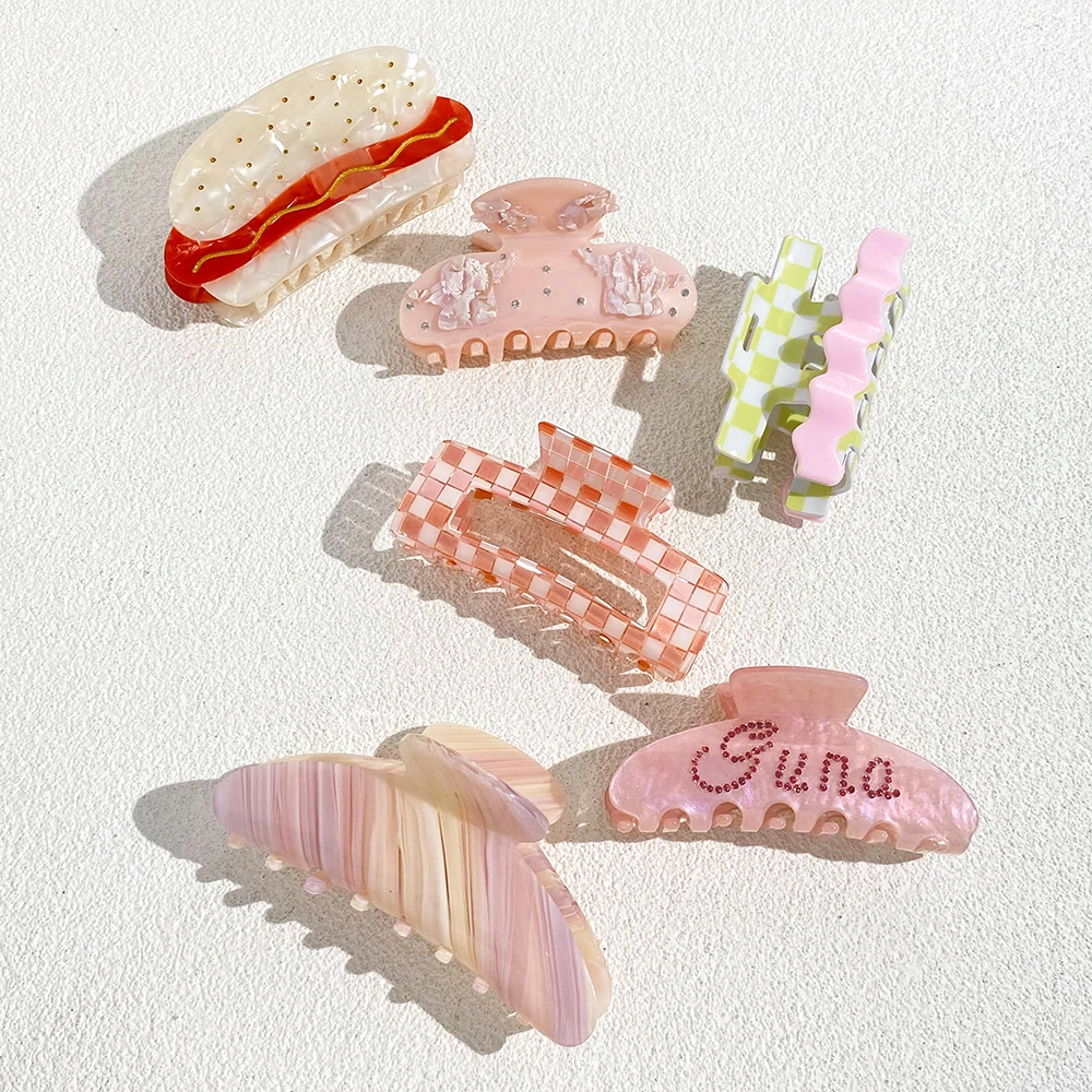 Acetate Pink Rainbow Eye Flower Lattice Hamburger Hair Clip Claw For Women Temperament Ponytail Barrette Hair Accessories 2023