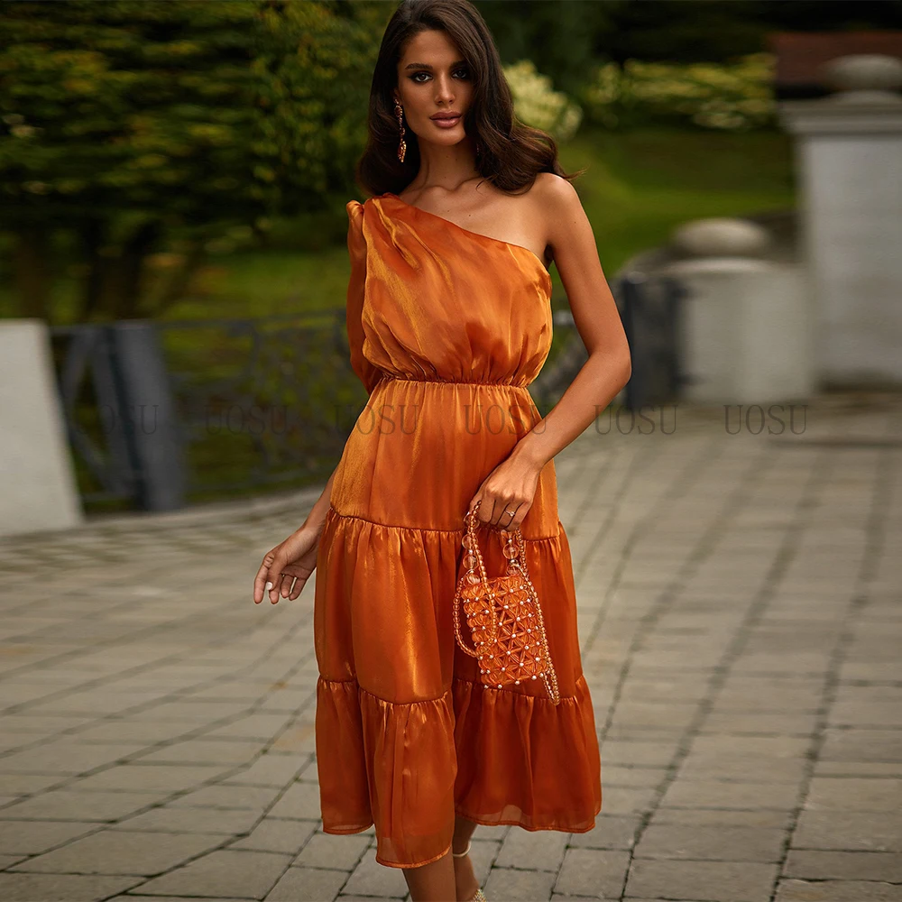 Cocktail Dress Sparkly A Line One Shoulder Half Sleeve Short Orange Tea Length Midi Wedding Party Dresses
