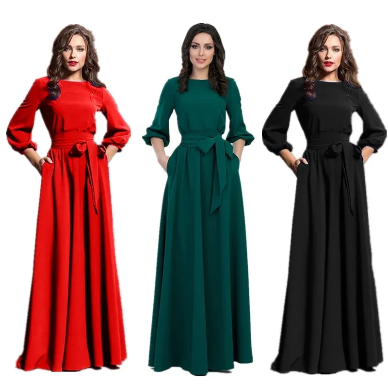 Diafraz Mujer Muslim Dress Middle East Ramadan Arab Islamic Clothing Solid Lantern Sleeve Women Abaya Dubai Kaftan with Belt