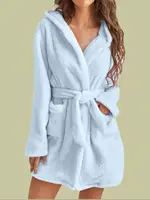 1 piece of women's solid color hooded robe with belt, cozy and warm fleece pajamas for home wear in autumn and winter. - Image 3
