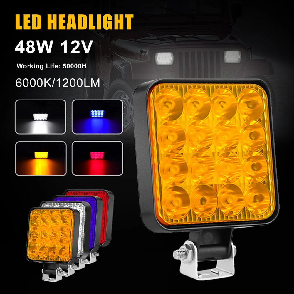 1PCS Universal Car LED Work Light 12V 48W Square LED Headlight Auto Fog Lamp Off Road 4x4 LED Tractor Spotlight Auto Accessories