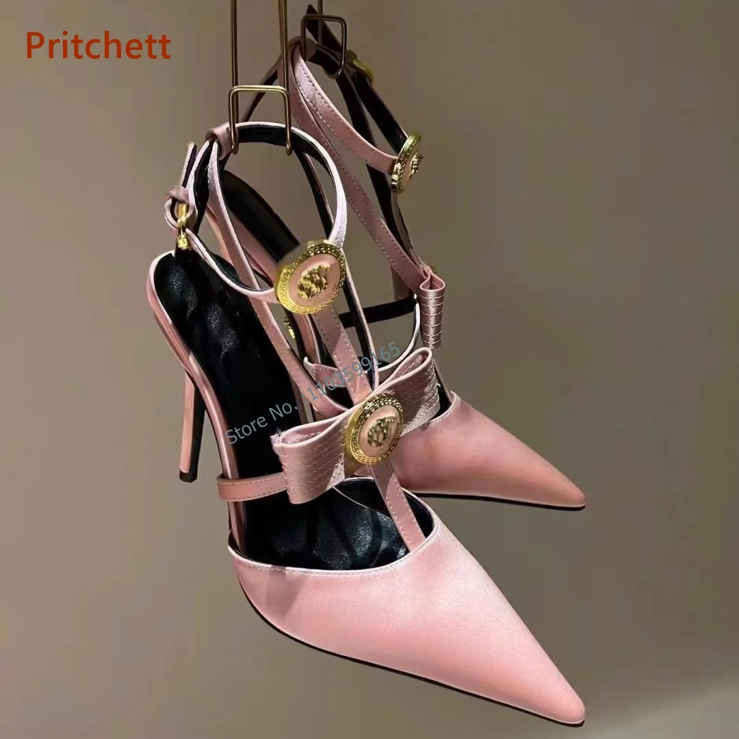 

Pointy Toe Solid Slingback Pumps High Heels Metal Decoration Butterfly Knot Buckle Strap Women's Shoes Elegant Stiletto Shoes