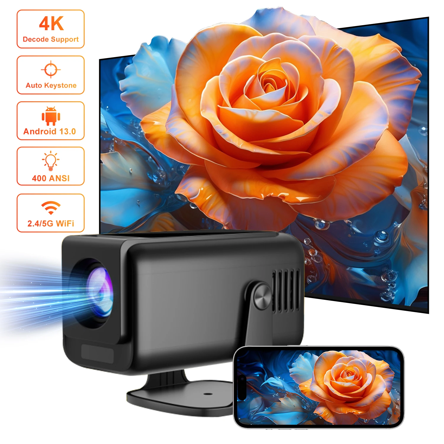 Portable Projector Salange HP320 Android 13 Smart Projector 4k 1920*1080P HD 5G WiFi BT5.0 Intelligent Control Auto Correction Video LED Proyector