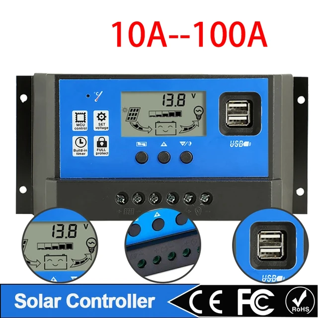Contrôleur de Charge solaire PWM 30A 40A 50A 60A 100A, double écran LCD USB 12V 24V, régulateur de chargeur de panneau de cellules solaires avec Charge 1