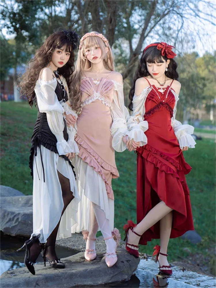 

Long Lolita Jsk Slim Fishtail Tail Dress Lolitas Irregular Fashion Palace Renaissance Victorian Tea Party Pink Black Pink Red