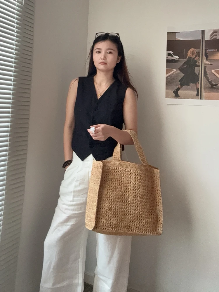 Handmade Woven Straw Beach Bag Large Capacity Shoulder Bag Women Raffia Travel Shopper Totes Summer Vacation Casual Handbags