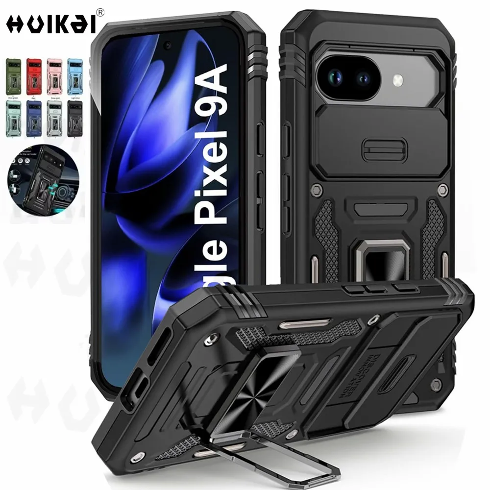 Rugged Military Grade Shockproof Kickstand Case with Slide Lens Protector