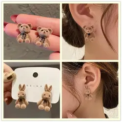 New Designe Cute Flocking Plush Rabbit Stud Earrings for Women Korean Fashion Brown Animal Bear Earring Jewelry Party Girls Gift