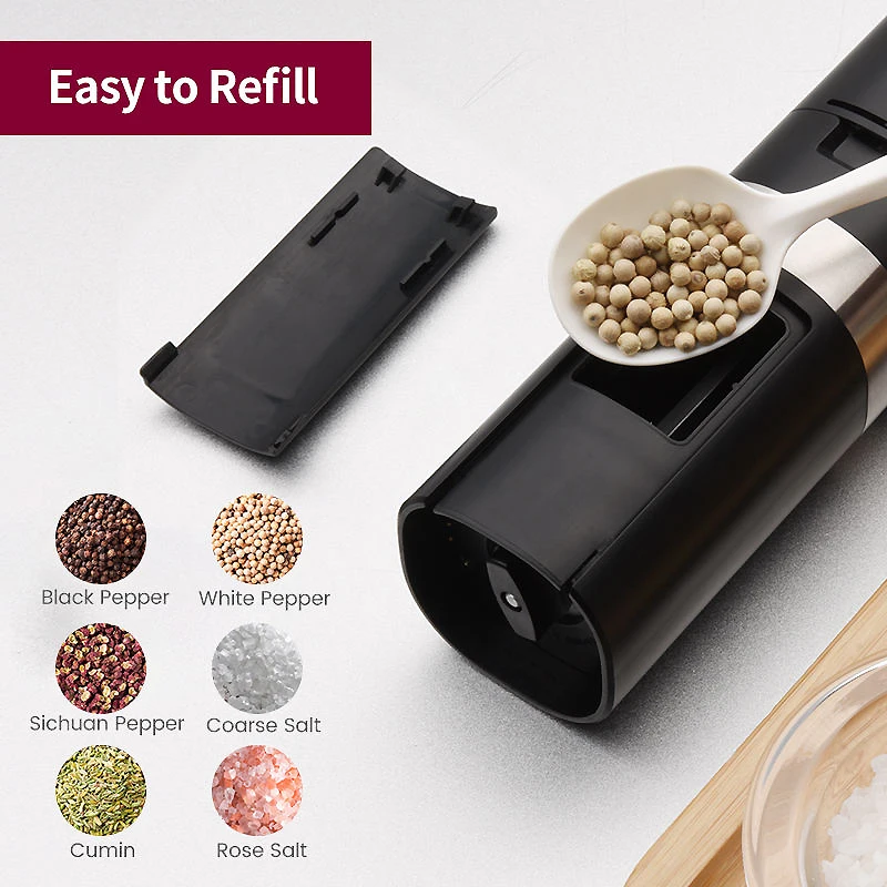 Electric Salt and Pepper Grinder Adjustable Coarseness Automatic Spice Grinders Pepper Mills With Led Light Grinding Tool 1/2pcs
