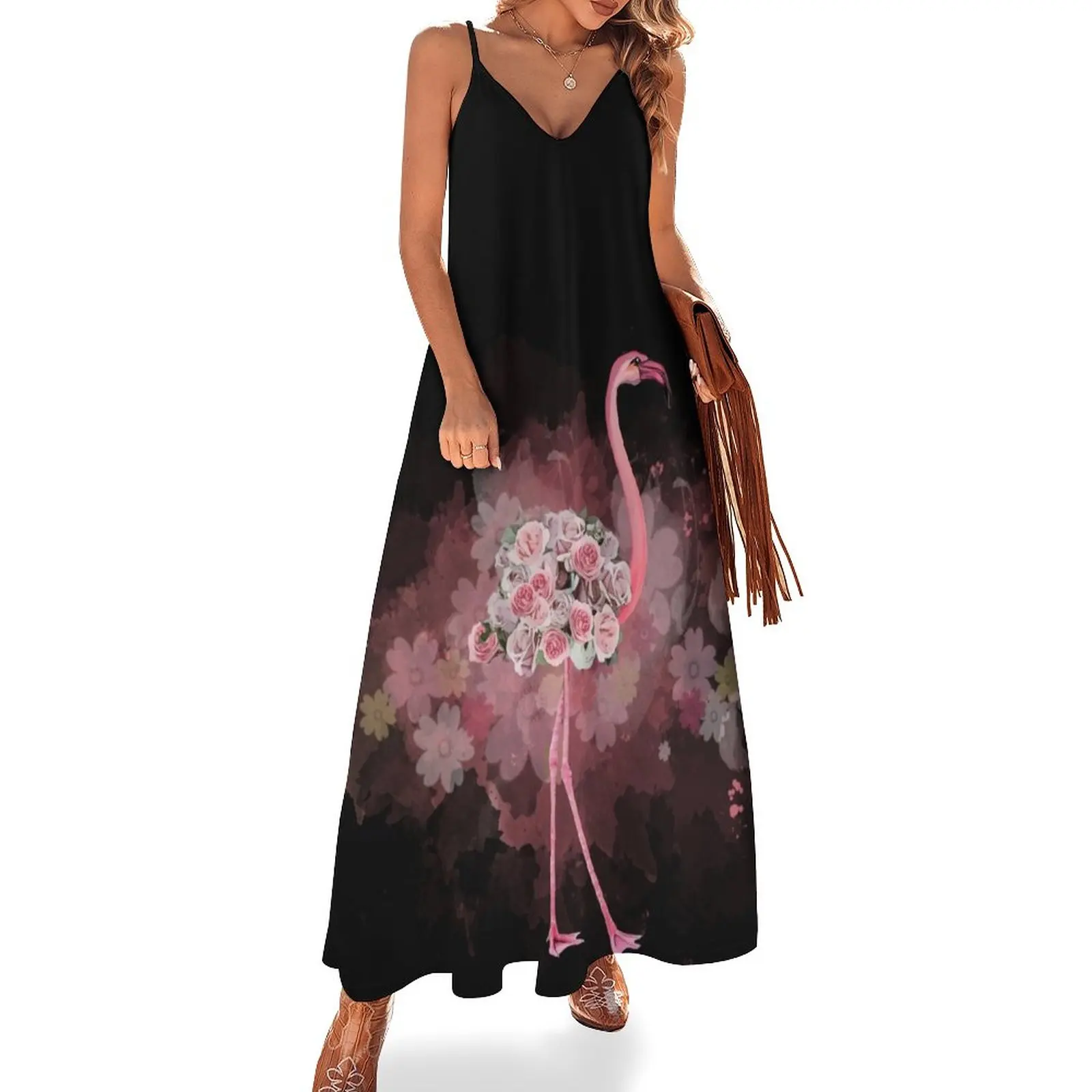 

Flamingo and Pink roses flowers watercolor Sleeveless Dress summer dresses ladies 2024 elegant party dresses for women 2024