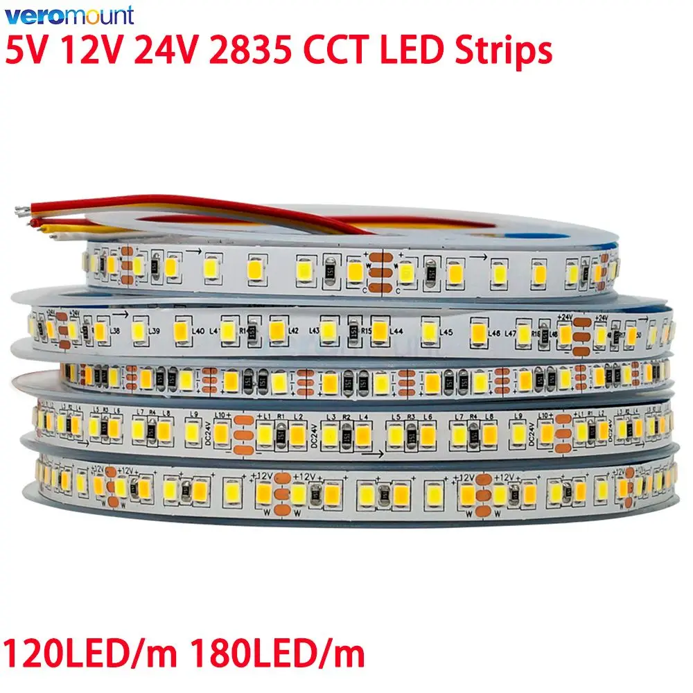 Dual Color SMD 2835 CCT Dimmable LED Strip Light, 5V, 12V, 24V, DC, WW, CW, ajustável, temperatura, flexível, fita, fita, 5m