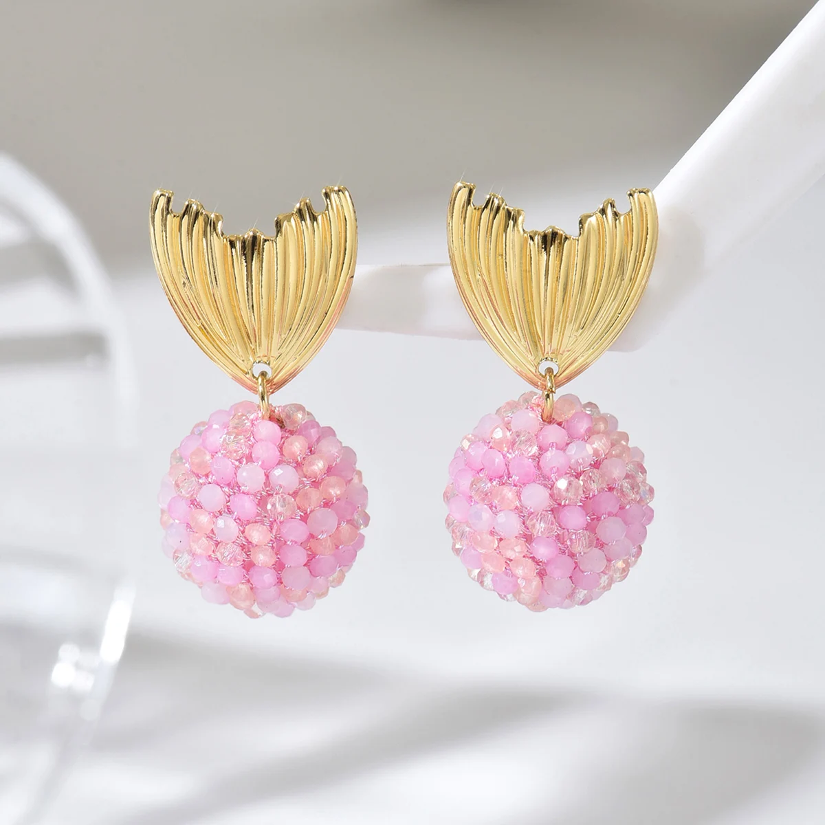 Bohemian Handmade Fish Tail Ball Crystal Beads Earrings for Women Elegant Shiny Drop Earrings Summer Holiday Jewelry Accessories