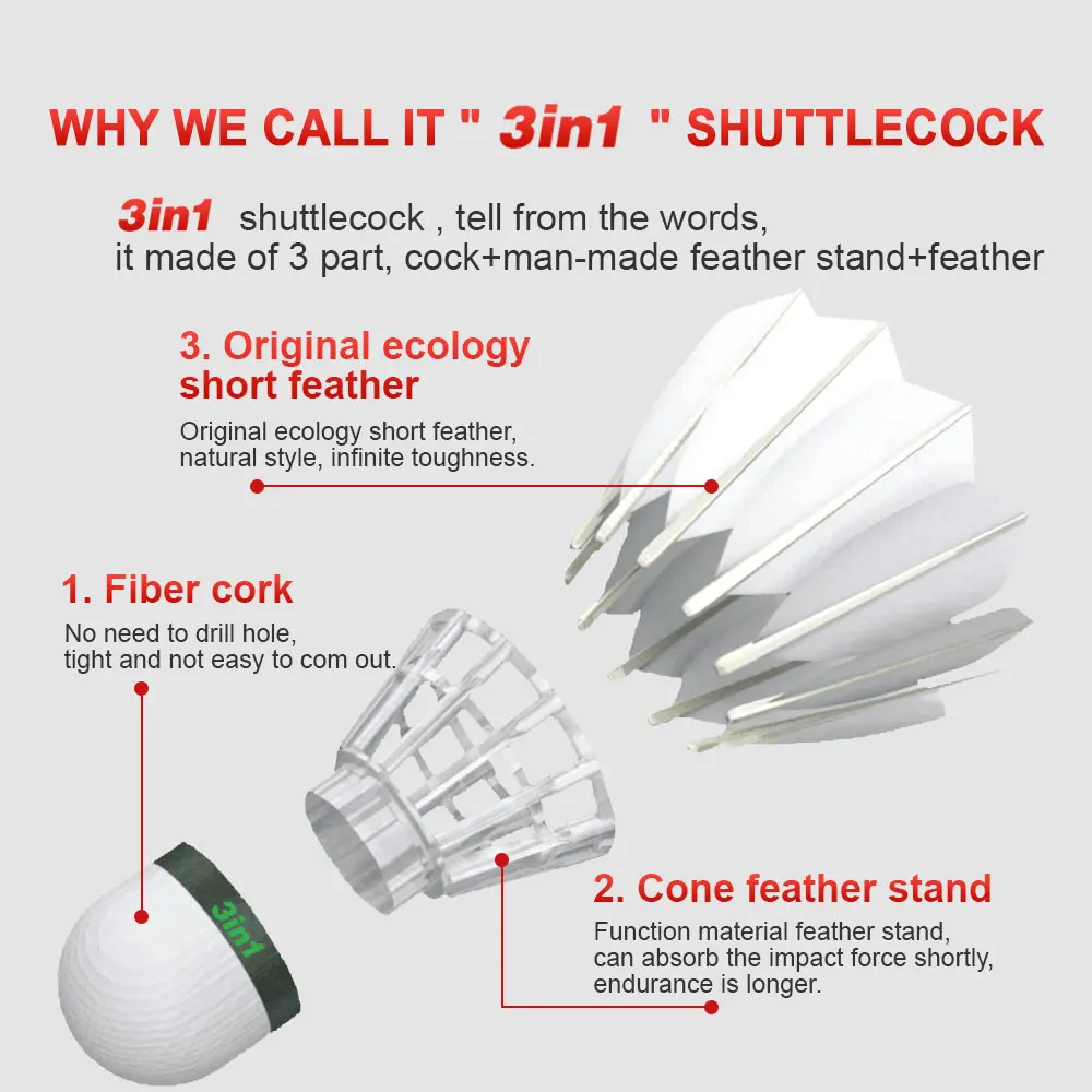12Pcs Dmantis D45 3in1 Training Goose Feather Shuttlecocks Birdies Hybird Shuttlecock Badminton Balls Indoor Outdoor Sports