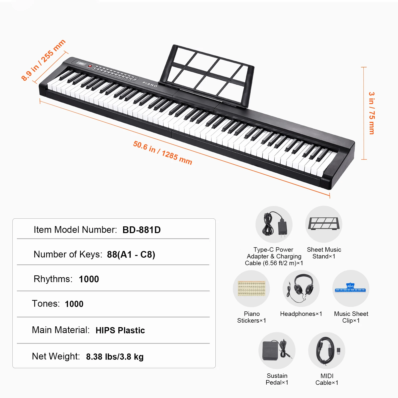 SucceBuy 88 Key Digital Piano Keyboard Semi Weighted Keys Full Size Electric Portable Keyboard Piano Set 1000Tones for Beginners