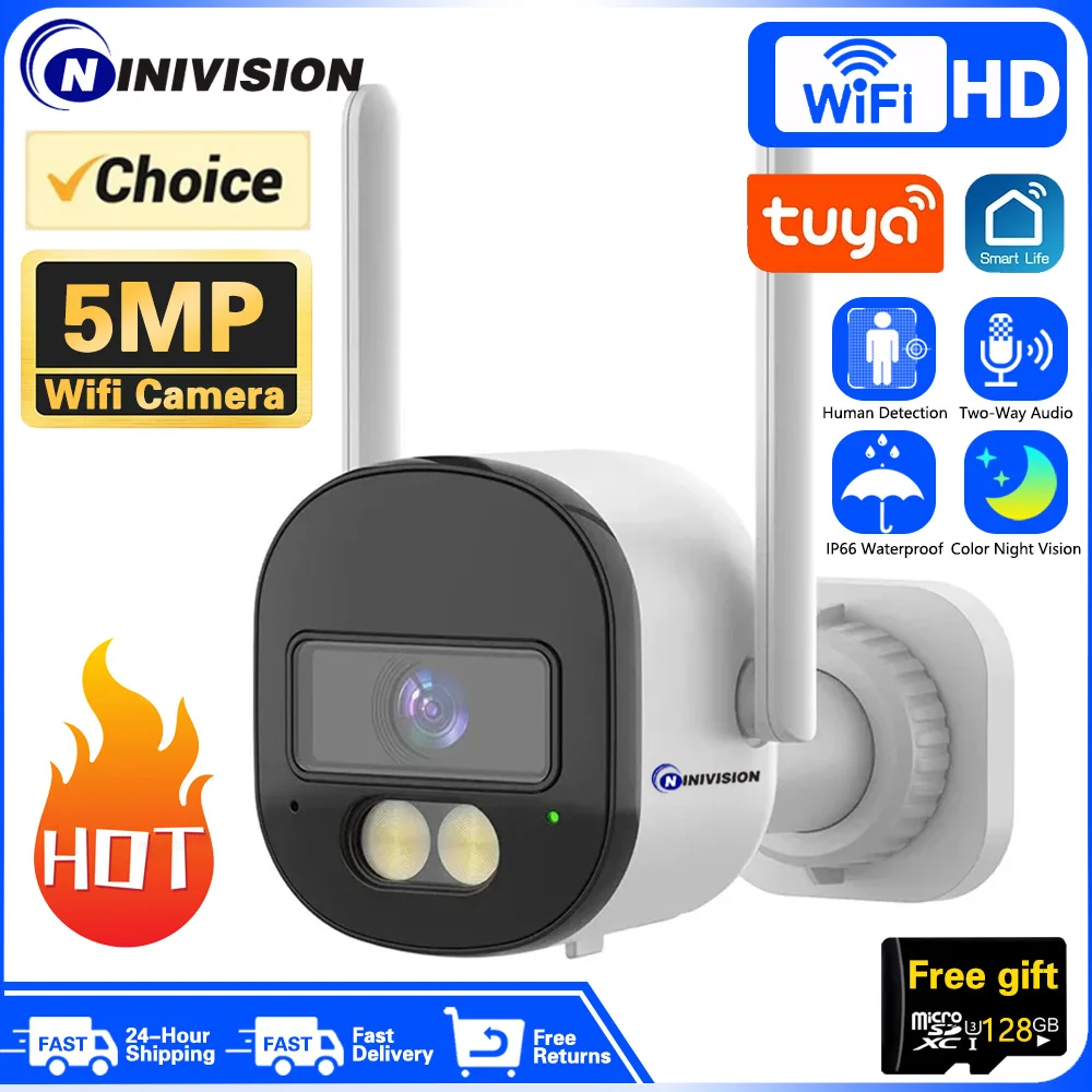 Tuya Smart 5Mp Ip Bullet Camera Wifi Outdoor Security Color Night Vision Two Way Audio Wireless Video Surveillance Slot Per Schede Tf