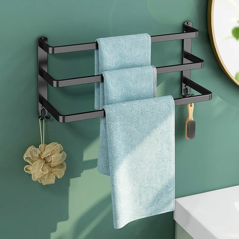 

049HOME 40/50cm Bath Towel Racks Black Paint Stainless Steel Towel Rack Holder Punch-Free Storage Shelves Bathroom Accessories