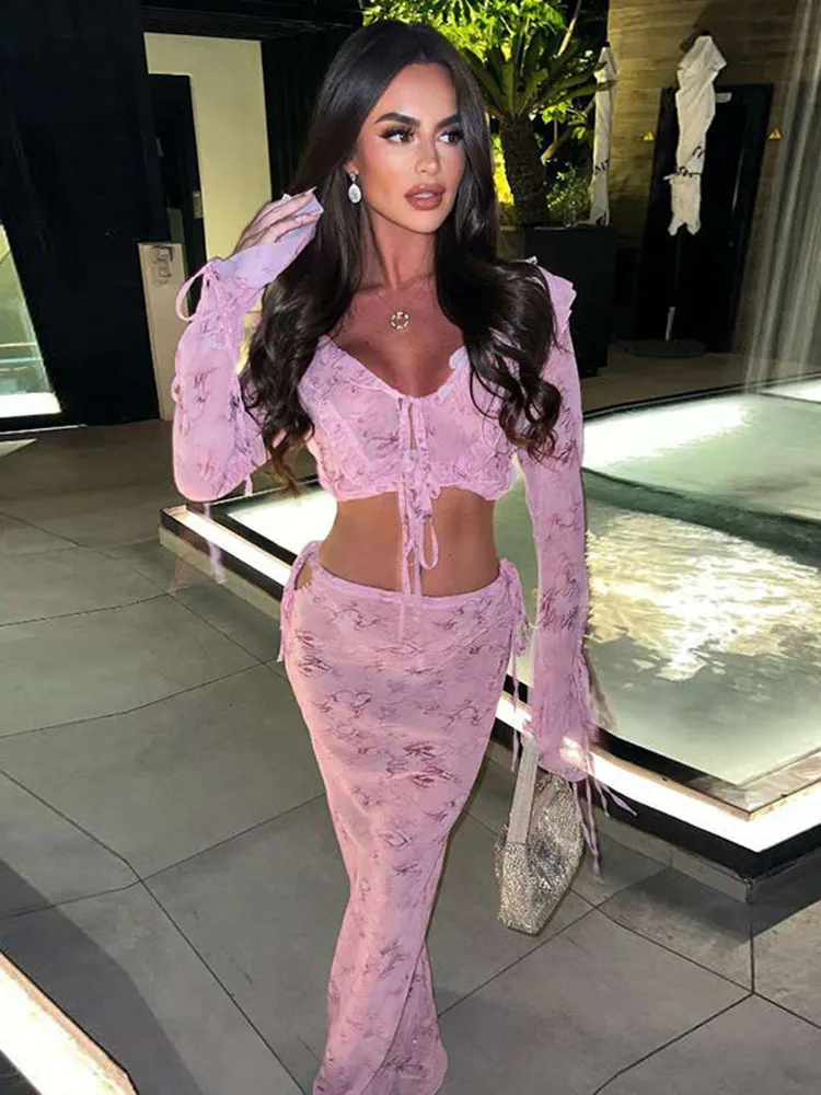 

Apprabant Half Skirt Set Long Sleeve Open Umbilical Lace Up Cardigan Short Bottom T-shirt Sheer High Waist Wrapped Hip Skirts