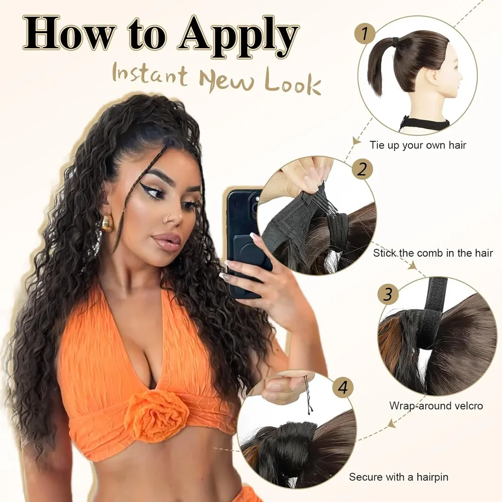 22 Inch Long Wavy Curly Ponytail Extension Wrap Around Clip in Natural Soft Synthetic Ponytail Hairpiece for Women Daily Use