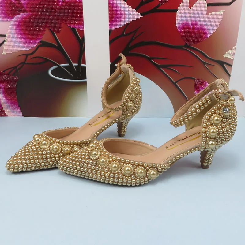 

2024 Spring Champagne Pearl wedding shoes woman fashion Thin heel party dress shoe Pointed Toe High Handmade Ankle Strap shoe