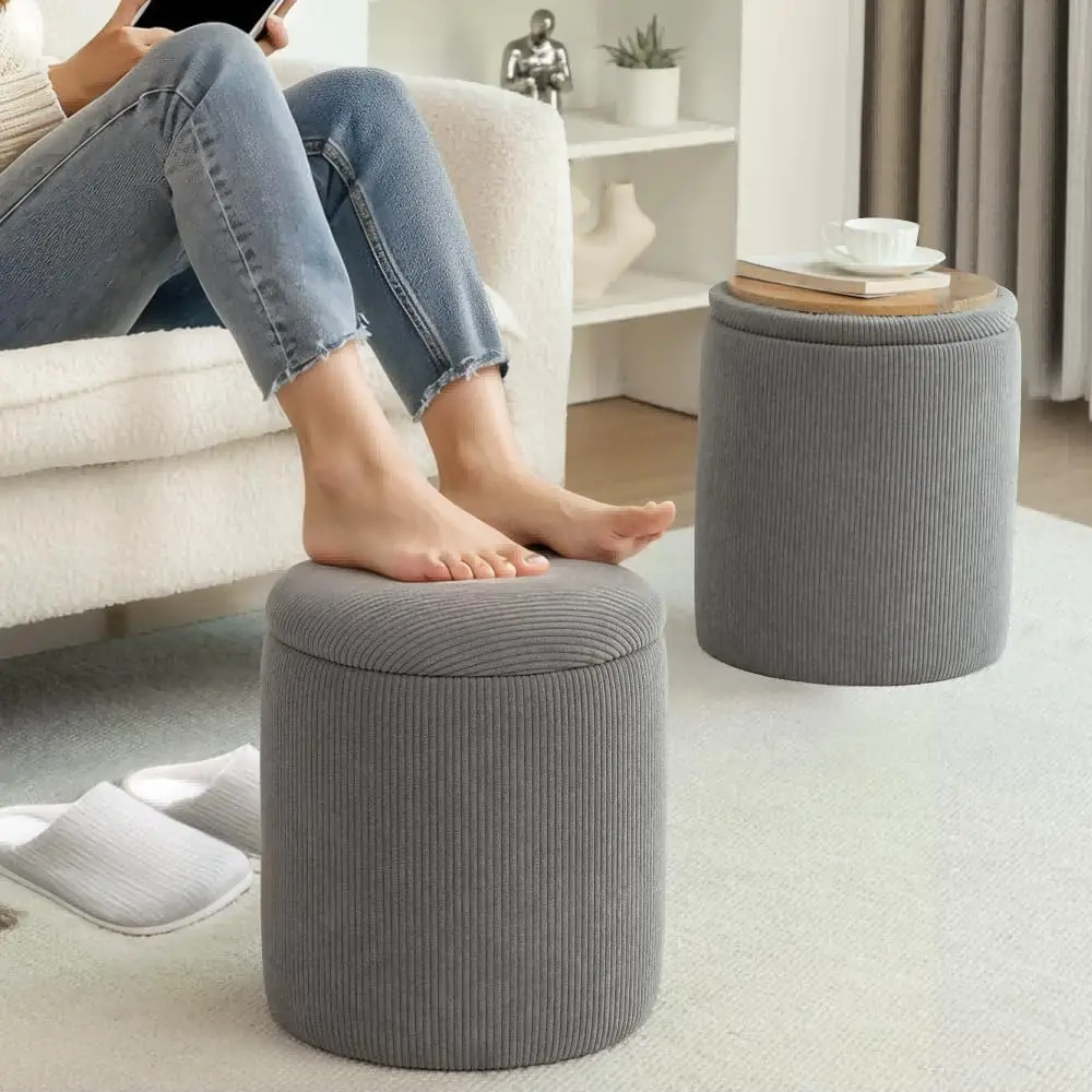 Round Ottoman with Storage, Set of 2, Small Vanity Stool as Vanity Chair, Corduroy Ottoman Foot Rest