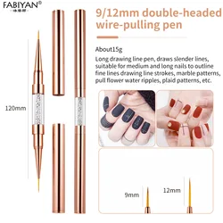 Rose Gold Nail Art Liner Brush with Rhinestone Handle - Double Head for Precision Drawing and Painting (Rose gold  9 12mm)