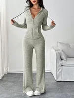 Fashionable Casual Women's Solid Color Hooded Zipper Top And Loose Flared Pants Set Streetwear Style Comfortable Outfit - Image 5