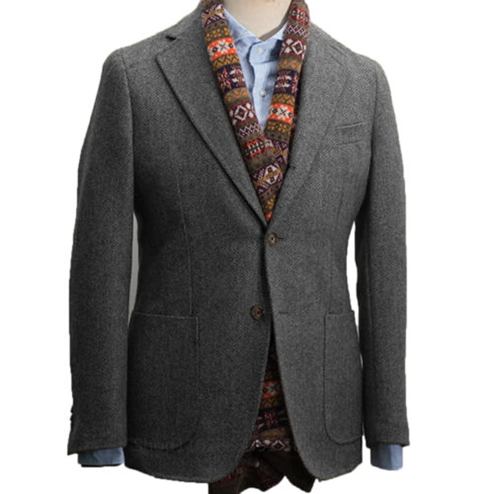 Formal Men's Wool Gray Suits Business Jacket Prom Green Tuxedos One Piece Herringbone Patterned Blazer for Wedding Groomsmen 6